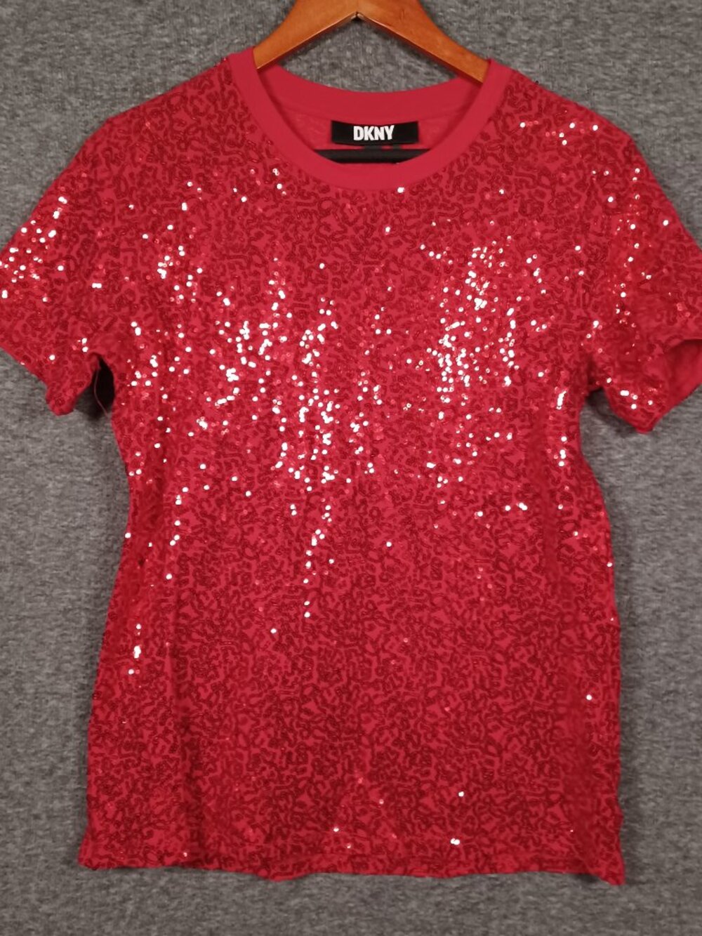 DKNY Red Sequin Women's Size Small Short Sleeve Round Neck Top T-Shirt